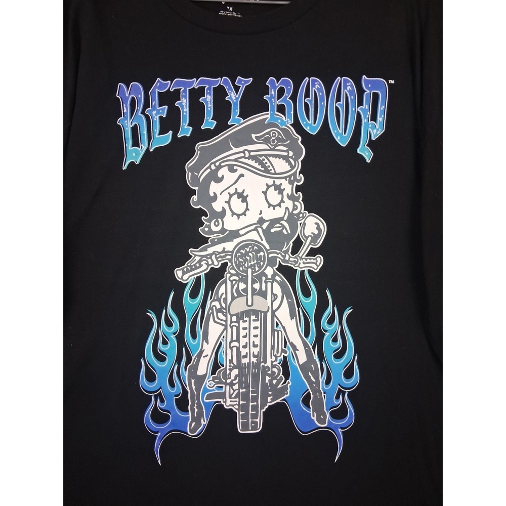 Betty Boop Mens Shirt 3XL Black Longsleeve Blue Flame Motorcycle Classic Graphic